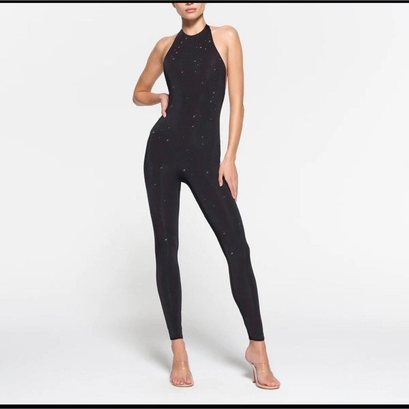 NWT Limited Edition SKIMS x Swarovski Jelly Sheer Halter Catsuit in Onyx Sz L